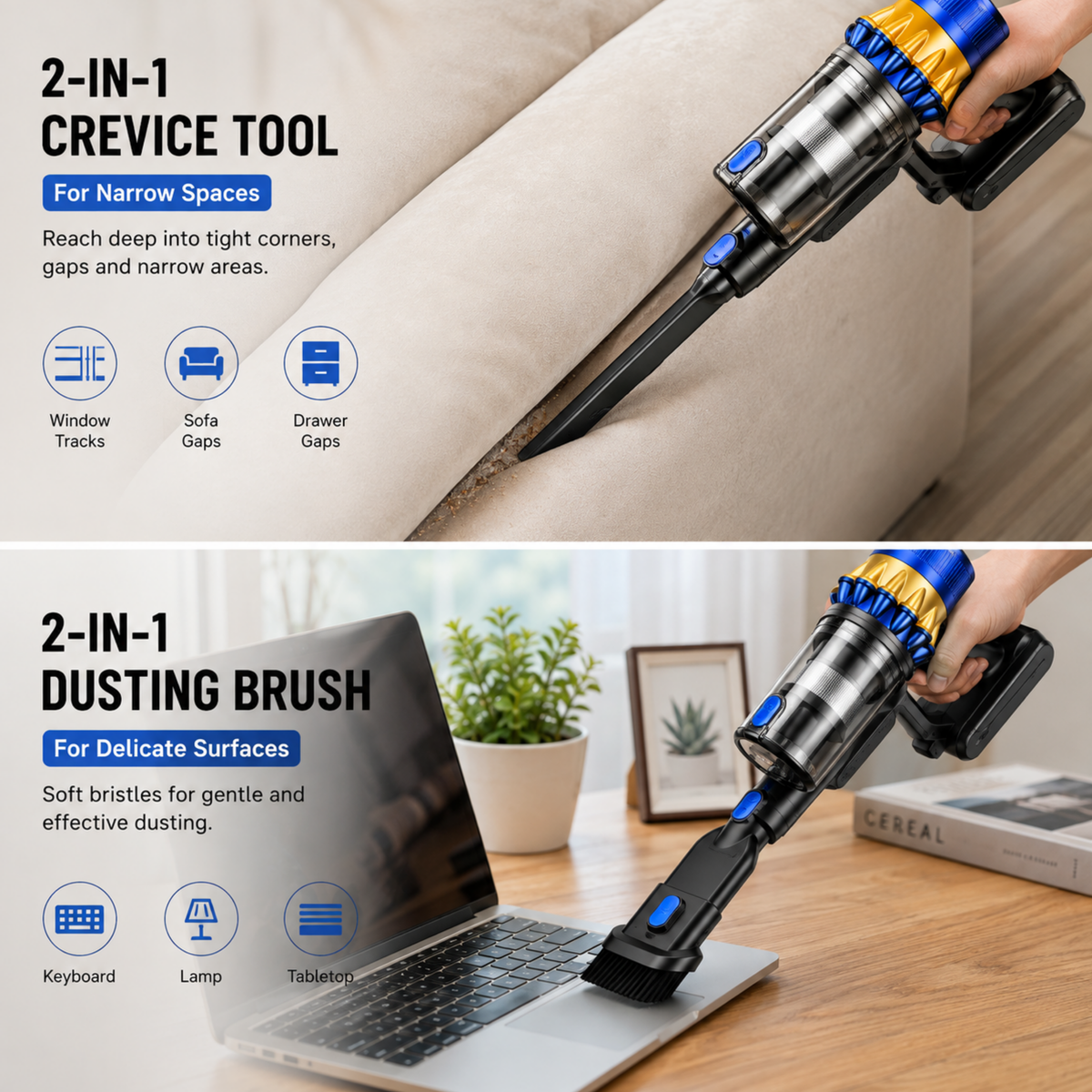 V22 vacuum, 2-in-1 crevice tool and dusting brush