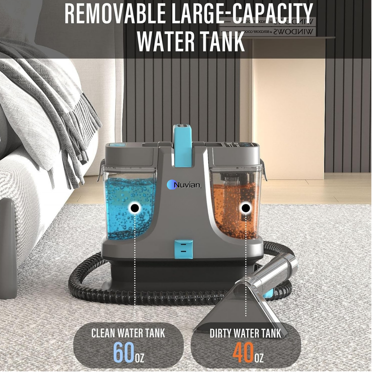 Nettoyeur portatif pour tapis et meubles Nuvian avec vapeur et chauffage