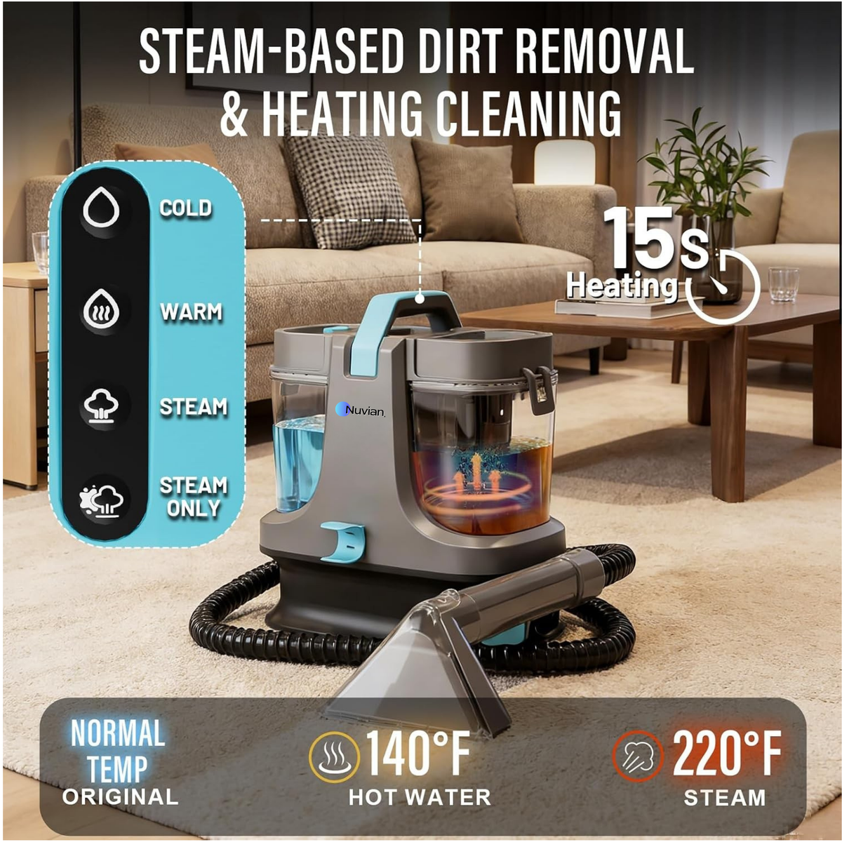 Nettoyeur portatif pour tapis et meubles Nuvian avec vapeur et chauffage