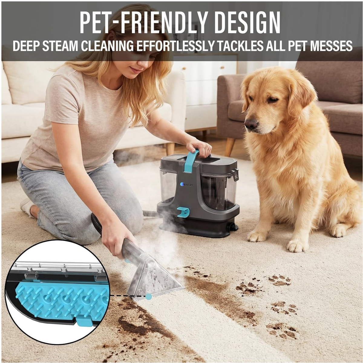 Nettoyeur portatif pour tapis et meubles Nuvian avec vapeur et chauffage