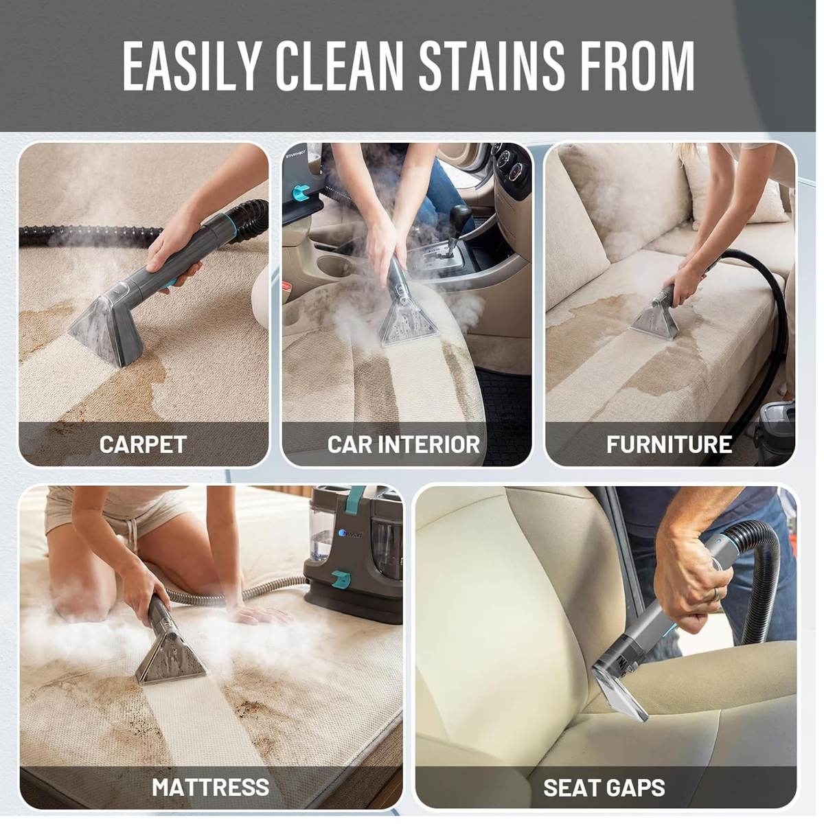Nettoyeur portatif pour tapis et meubles Nuvian avec vapeur et chauffage