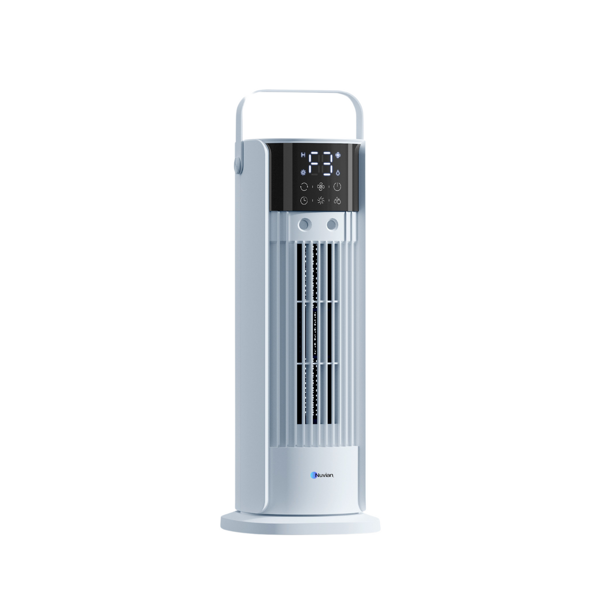 Refroidisseur d'air portable 4 en 1 Nuvian, tour blanche avec poignée et écran tactile, vue de face
