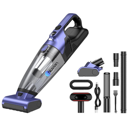 Aspirateur à main sans fil Nuvian VC036S violet et noir, avec ses embouts et accessoires