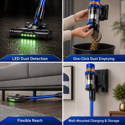 V22 vacuum, LED dust detection, dustbin emptying and wall mount