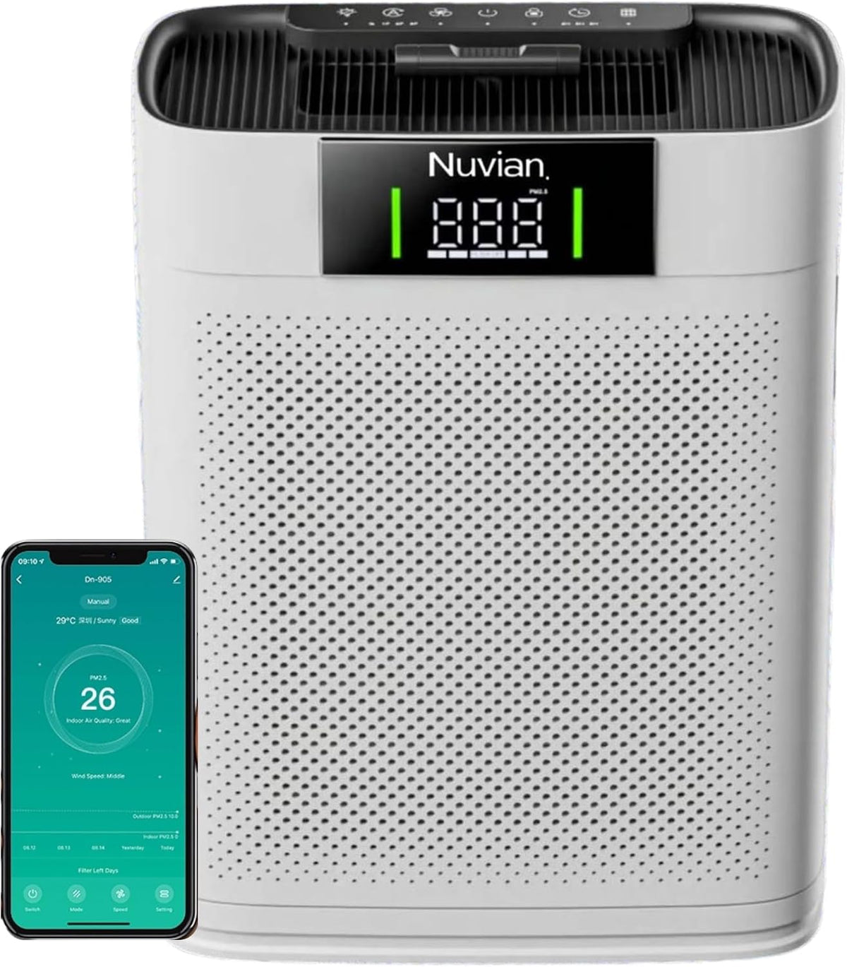 Purificateur d'air Nuvian pour grandes pièces, vue de face avec écran et façade perforée