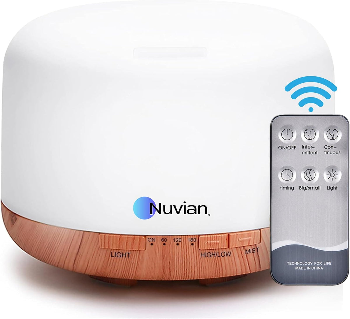 Diffuseur d'huiles essentielles Nuvian 500 ml, blanc à base effet bois, avec sa télécommande