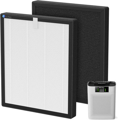 Filtre de remplacement Nuvian ZY3866G avec son filtre au charbon actif, à côté d'un purificateur d'air Nuvian