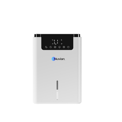Déshumidificateur portable Nuvian blanc, vue de face avec son panneau de commande tactile
