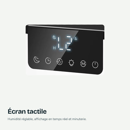 Gros plan sur l'écran tactile du déshumidificateur Nuvian : humidité réglable, affichage en temps réel et minuterie