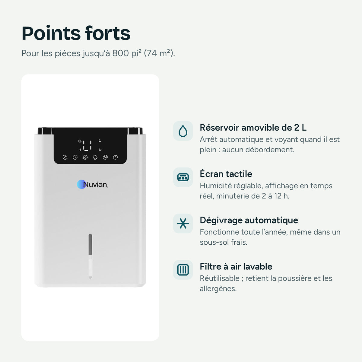 Points forts du déshumidificateur Nuvian : réservoir de 2 L, écran tactile, dégivrage automatique, filtre à air lavable