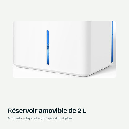 Réservoir amovible de 2 L du déshumidificateur Nuvian, avec arrêt automatique et voyant quand il est plein