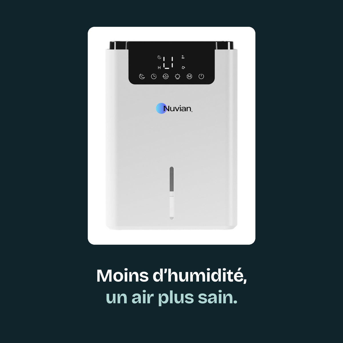 Déshumidificateur Nuvian sur fond sombre : moins d'humidité, un air plus sain