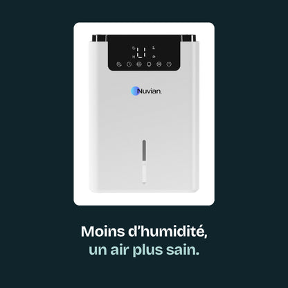 Déshumidificateur Nuvian sur fond sombre : moins d'humidité, un air plus sain