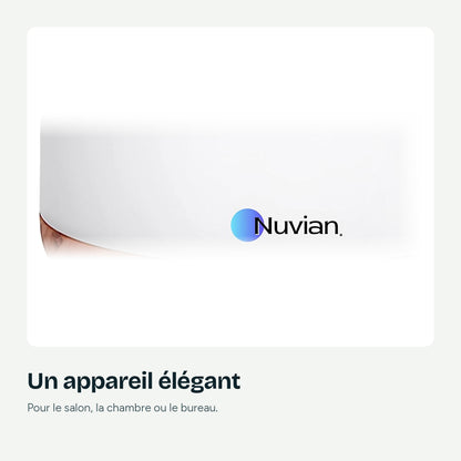Détail du diffuseur Nuvian : logo et base, un appareil élégant pour le salon, la chambre ou le bureau