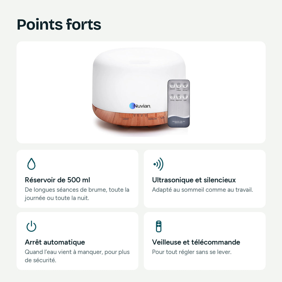 Points forts du diffuseur Nuvian : réservoir de 500 ml, ultrasonique et silencieux, arrêt automatique, veilleuse et télécommande