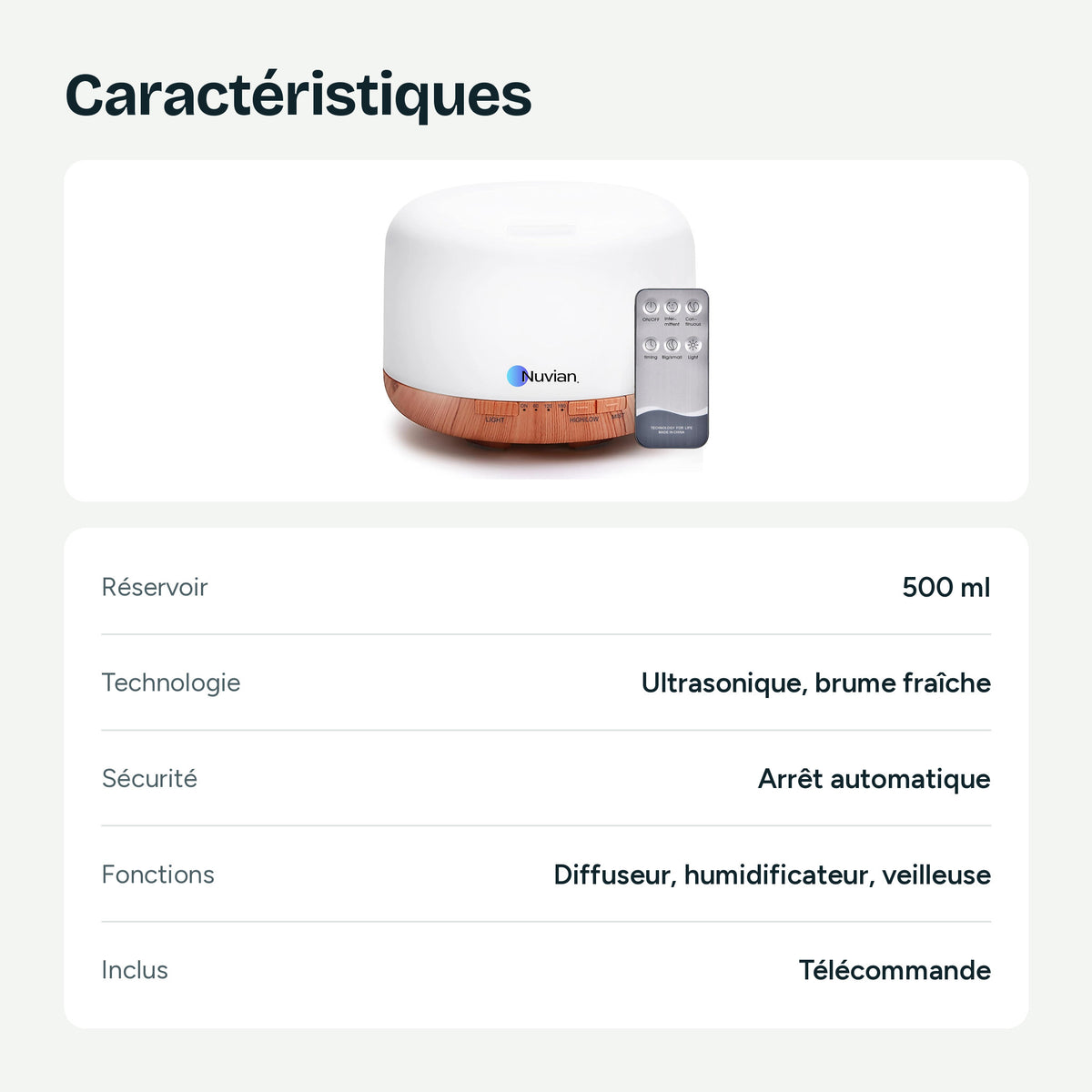 Caractéristiques du diffuseur Nuvian : réservoir 500 ml, technologie ultrasonique à brume fraîche, arrêt automatique, télécommande incluse