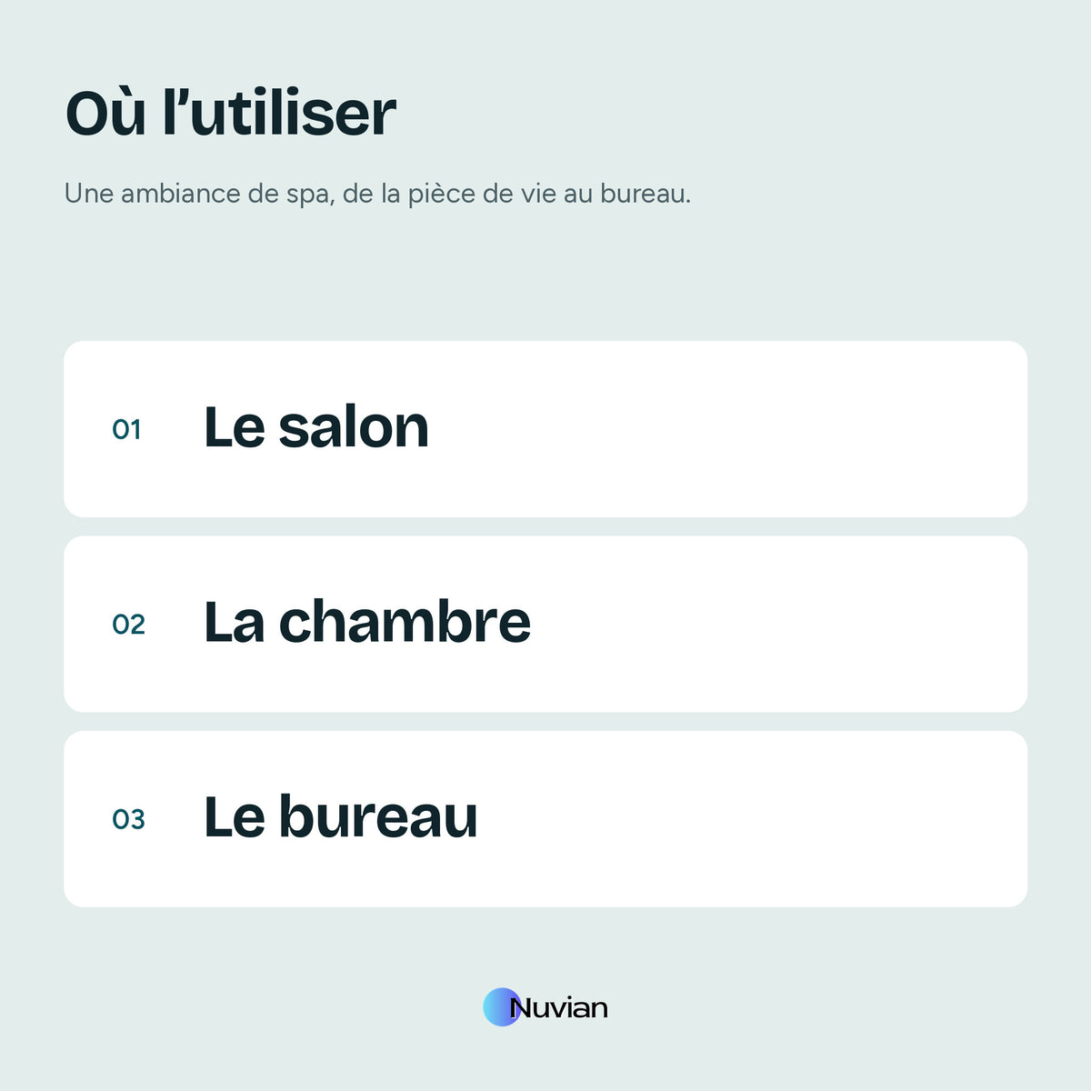 Où utiliser le diffuseur Nuvian : le salon, la chambre, le bureau