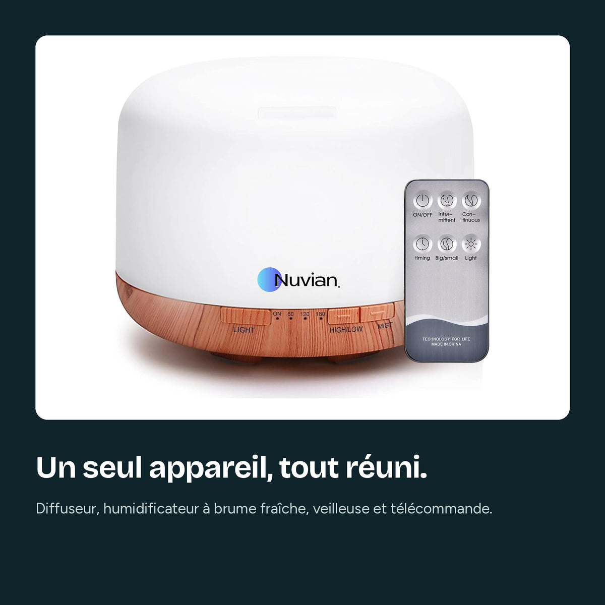 Diffuseur Nuvian : diffuseur, humidificateur à brume fraîche, veilleuse et télécommande réunis en un seul appareil