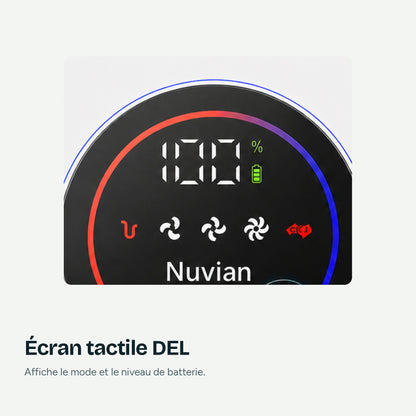 Close-up of the Nuvian V22 LED touch display showing the mode and battery level
