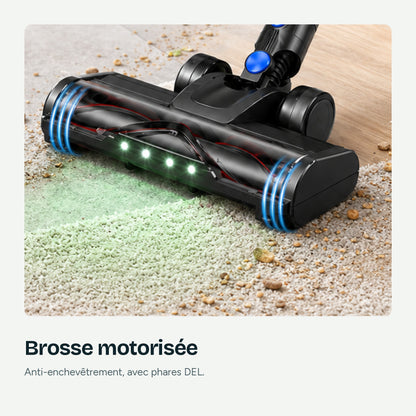 Nuvian V22 anti-tangle motorized brush with LED headlights, on a carpet