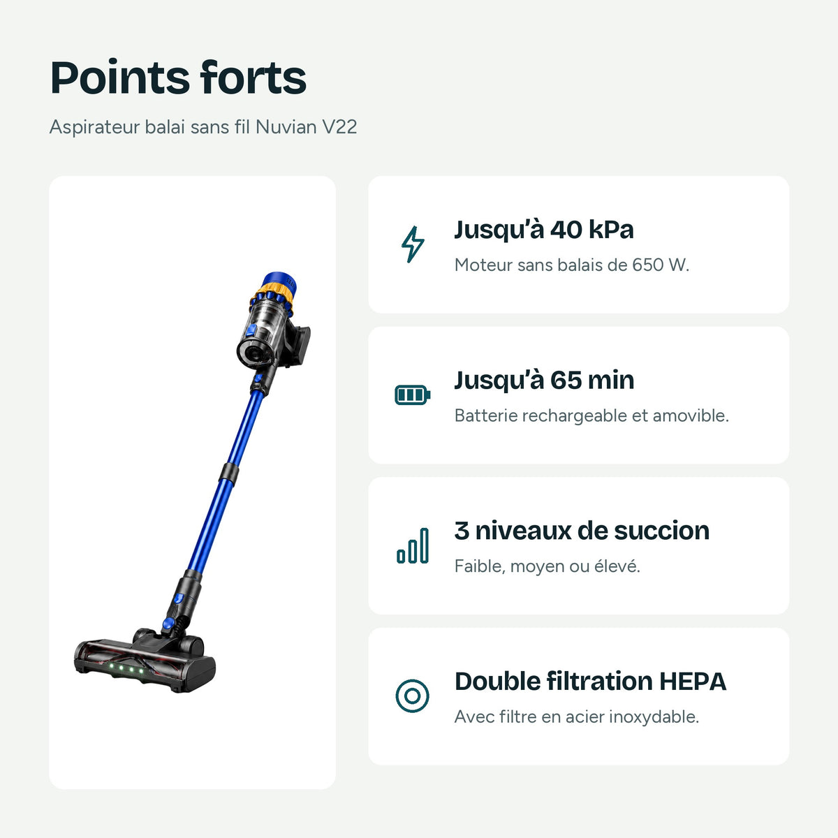 Nuvian V22 highlights: up to 40 kPa, up to 65 min of runtime, 3 suction levels, dual HEPA filtration