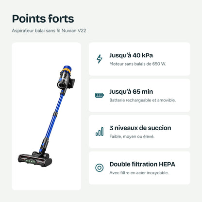 Nuvian V22 highlights: up to 40 kPa, up to 65 min of runtime, 3 suction levels, dual HEPA filtration