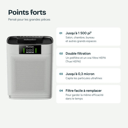 Points forts : jusqu’à 1 500 pi², double filtration avec préfiltre et filtre True HEPA, particules jusqu’à 0,3 micron, filtre facile à remplacer