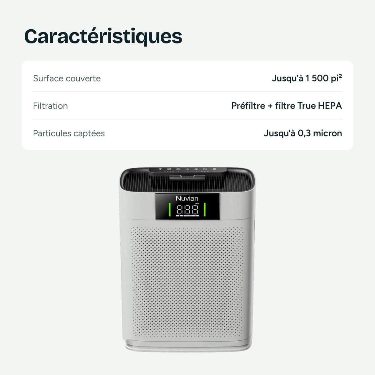 Caractéristiques : surface couverte jusqu’à 1 500 pi², préfiltre + filtre True HEPA, particules captées jusqu’à 0,3 micron
