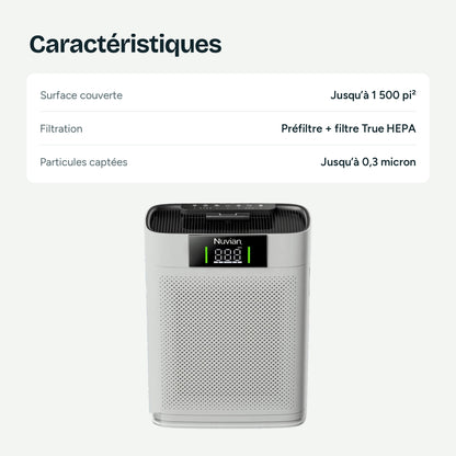 Caractéristiques : surface couverte jusqu’à 1 500 pi², préfiltre + filtre True HEPA, particules captées jusqu’à 0,3 micron