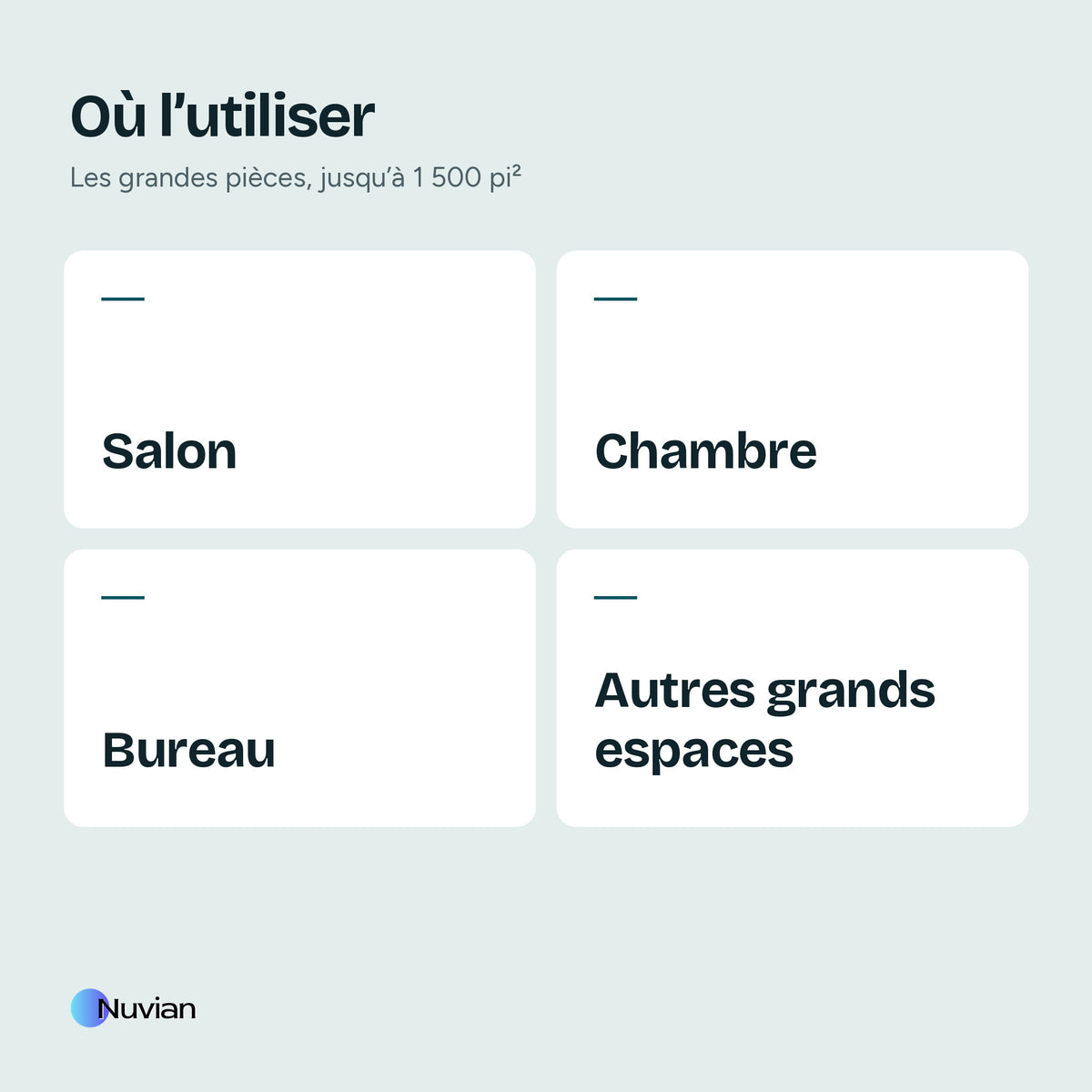 Où l’utiliser : salon, chambre, bureau et autres grands espaces, jusqu’à 1 500 pi²