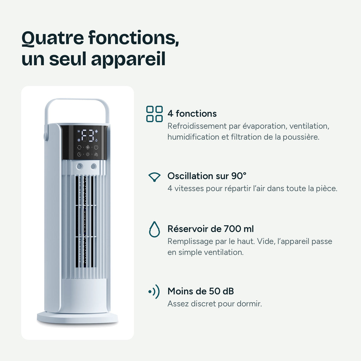 Points forts du refroidisseur Nuvian : 4 fonctions, oscillation sur 90°, réservoir de 700 ml, moins de 50 dB