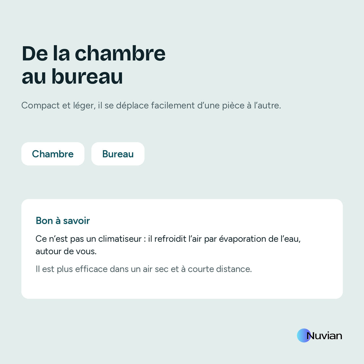 De la chambre au bureau : bon à savoir, ce refroidisseur Nuvian n'est pas un climatiseur, il refroidit l'air par évaporation