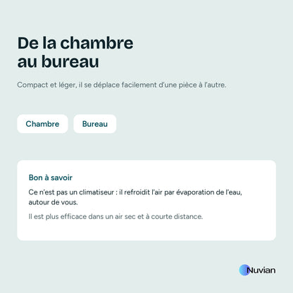 De la chambre au bureau : bon à savoir, ce refroidisseur Nuvian n'est pas un climatiseur, il refroidit l'air par évaporation