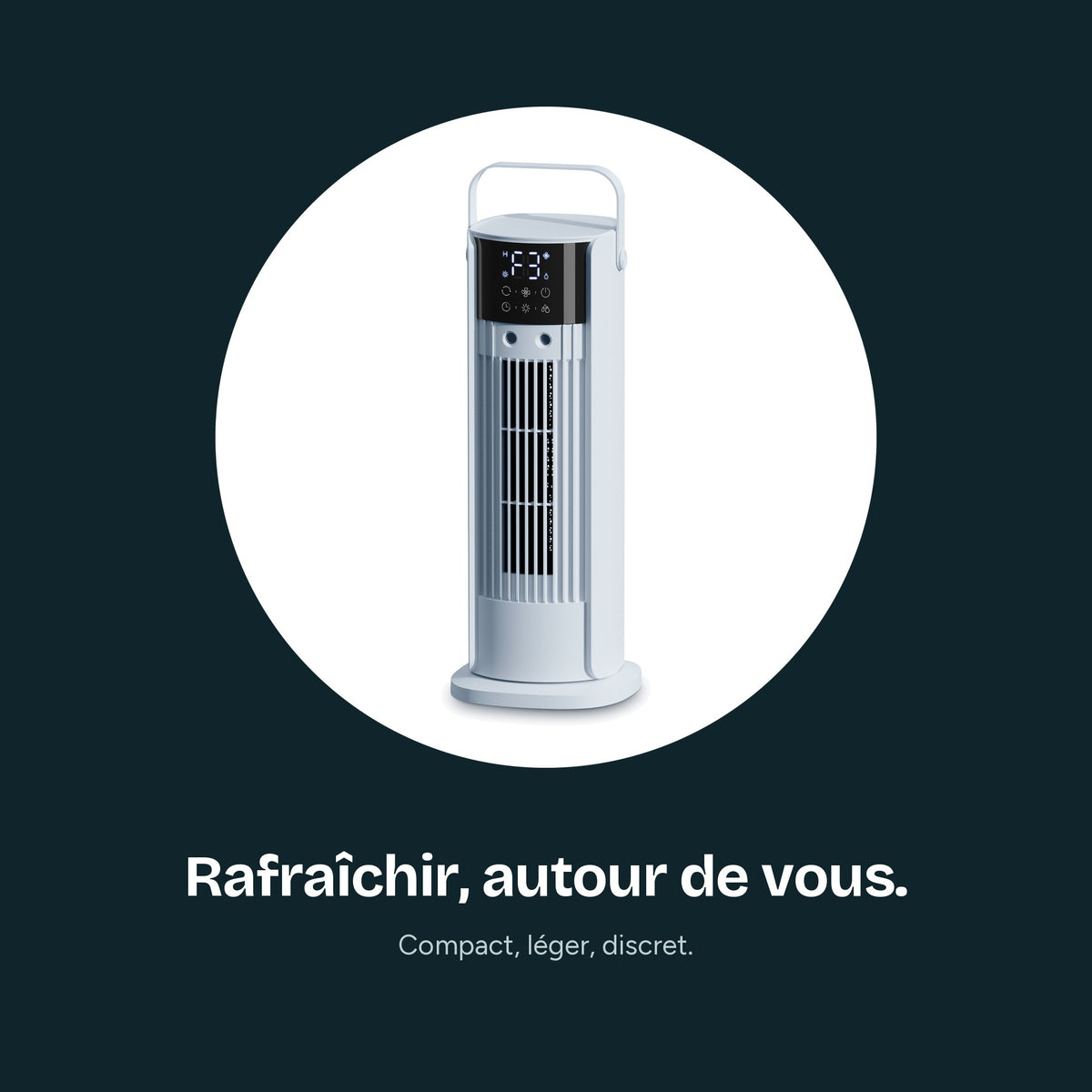 Refroidisseur d'air portable Nuvian sur fond sombre : compact, léger, discret