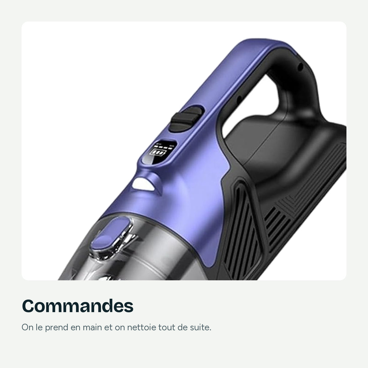 Gros plan sur les commandes et la poignée de l'aspirateur à main Nuvian VC036S