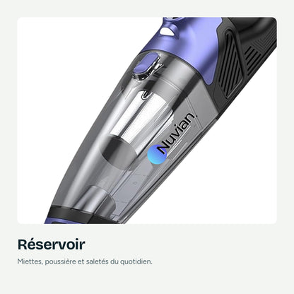 Gros plan sur le réservoir de l'aspirateur à main Nuvian VC036S