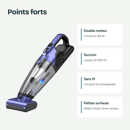 Points forts du Nuvian VC036S : double moteur de 80 W, succion jusqu'à 12 000 Pa, sans fil, idéal pour les petites surfaces