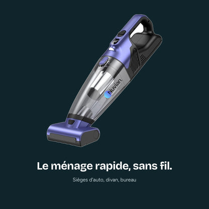 Aspirateur à main Nuvian VC036S sur fond sombre : le ménage rapide, sans fil